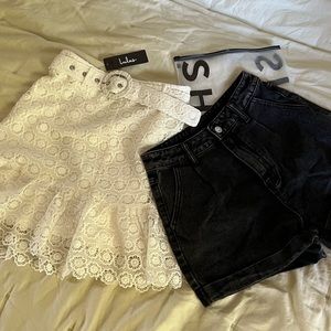 Lot of 2 Lulu’s White Lace Mini Skirt + Shein Black Pleated Denim Shortd NWT S